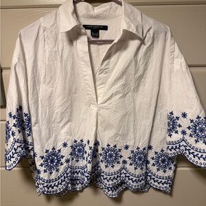 White and Blue Embroidered Women's Top
